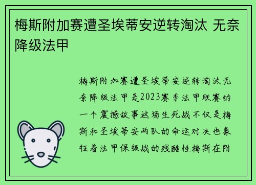 梅斯附加赛遭圣埃蒂安逆转淘汰 无奈降级法甲