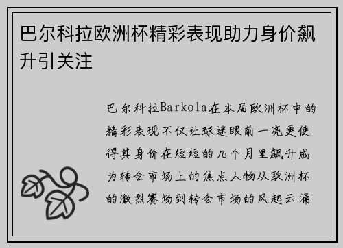 巴尔科拉欧洲杯精彩表现助力身价飙升引关注